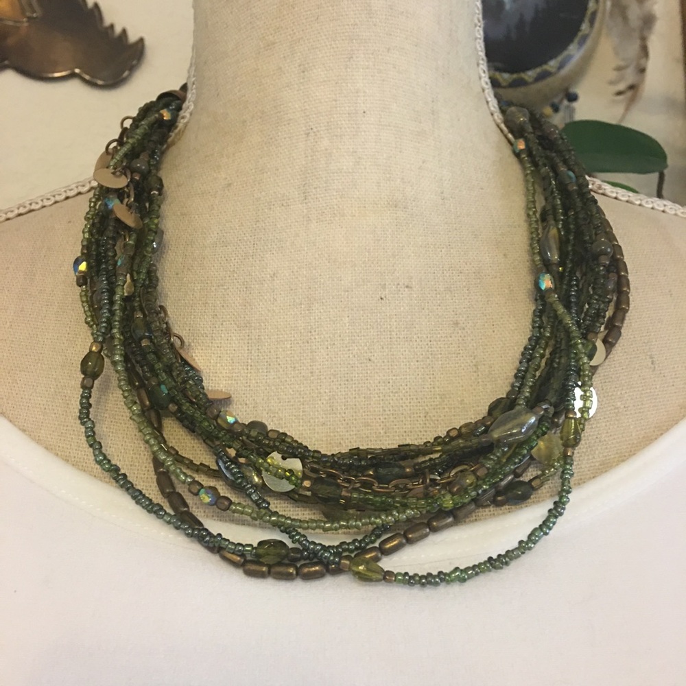 Vintage 90s forest tone glass & seed bead necklace